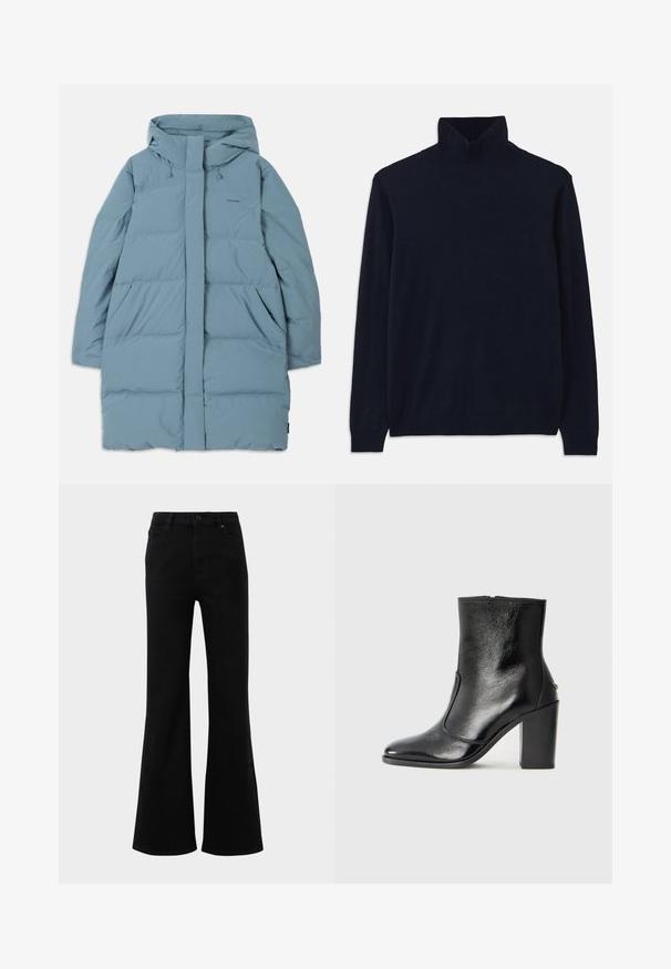 Hele sinine puffer-jope kapuutsiga, täispikka lukuga, kahe küljerauaga ja tikandiga disainiga. Valmistatud siledast, veekindlast kangast.; Tumesinine kõrge kaelusega sviiter, millel on pikad varrukad ja mis on valmistatud pehmest kudumist. Omab soonikserva kaelas ja varrukates, lihtsa disaini ja ilma mustriteta.; Mustad kõrge vöökohaga flared teksad, mis on valmistatud denimist. Omab struktureeritud taskuid ja nupuga kinnihoidmist ees. Sile tekstuur.; Must kõvale nahast pahklipsu saapad, millel on sile tekstuur, terav varvas ja paks kõrge kann. Omab külgavatust ja minimalistlikku disaini.