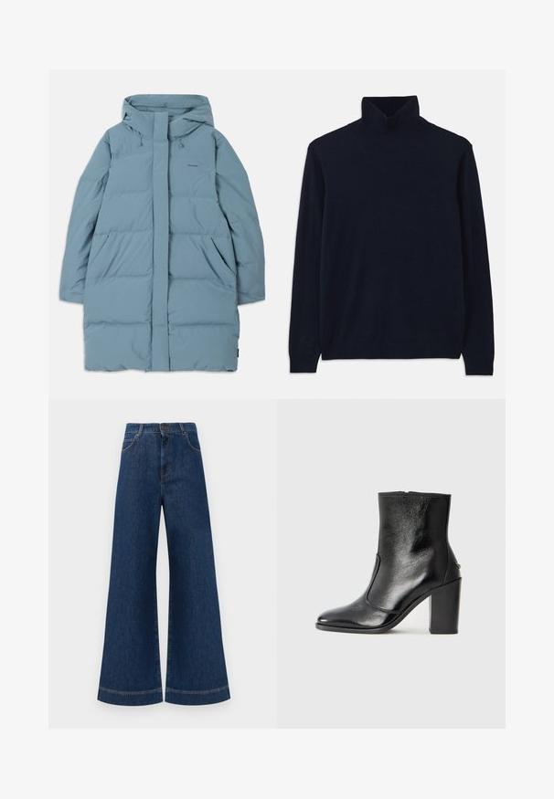 Šviesiai mėlynas pūkinis paltas su gobtuvu, pilnu priekiniu užtrauktuku, dviem šoniniais kišenėmis ir siuvinėta struktūra. Pagamintas iš glotnaus, vandeniui atsparaus audinio.; Jūros jėgos tvido megztinis su ilgomis rankovėmis, pagamintas iš minkštos megztos medžiagos. Yra raukinis apykaklėje ir rankovėse, paprastas dizainas, be raštų.; Plati mėlynos džinsinės kelnės su aukštu liemeniu, turinčios mygtukų užsegimą, diržo kilpas ir subtilius siuvinėjimo akcentus ant kišenių bei apdailos.; Juodas odinis kulkšninis batas su lygiu paviršiumi, smailiu pirštu ir masyviu aukštu kulnu. Savybė - šoninis atidarymas ir minimalistiškas dizainas.