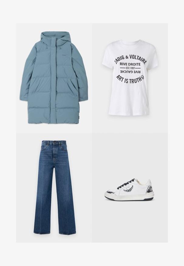 Hele sinine puffer-jope kapuutsiga, täispikka lukuga, kahe küljerauaga ja tikandiga disainiga. Valmistatud siledast, veekindlast kangast.; Valge puuvillane T-särk, millel on julge must kiri, kus on brändi nimi, asukoht, asutamise kuupäev ja loosung ringikujuliselt. Ümar kaelus.; Sinised laiad teksad, mis on valmistatud denimist, kõrge vöökoht, esikotid ja kontrastõmblused. Kangas on sileda tekstuuriga.; Valged tennisetajad mustade aktsentidega, tekstureeritud disainiga külgedel, mustad paelad ja kummist tald. Logo ja kunst teisel.