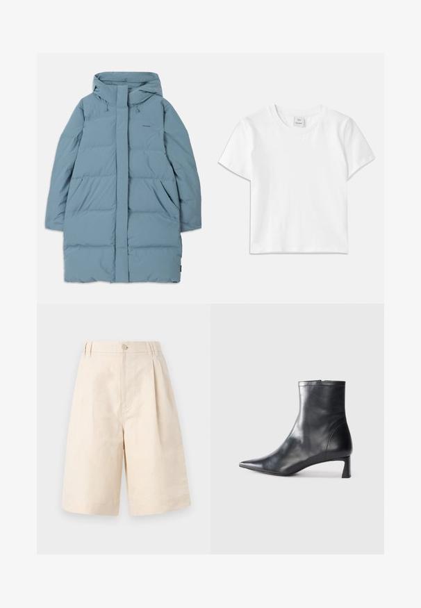 Ljusblå puffjacka med huva, fullständig framsida med dragkedja, två sidofickor och ett quiltat mönster. Tillverkad av slät, vattentät tyg.; Vit bomull t-shirt med rund halsringning, korta ärmar och rak fåll. Etikett märkt "Won Hundred" i mitten av halsringningen.; Beige linnebyxor med avslappnad passform, utrustade med knappstängning, plisserad design och knälång längd. Slät textur och enkel stil.; Svart läder ankelboot med spetsig tå och en smidig design. Har en låg klack och en dragkedjestängning bak. Slät textur.