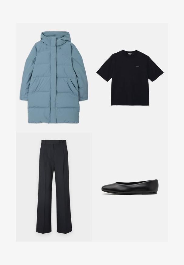Světle modrá péřová bunda s kapucí, plným předním zipem, dvěma bočními kapsami a prošívaným designem. Vyrobena z hladké, voděodolné tkaniny.; Černé tričko s krátkým rukávem vyrobené z bavlny, s kulatým výstřihem a malým logem na levé straně hrudi. Hladká textura a uvolněný střih.; Tmavě modré kalhoty s pruhy, vysokým pasem, širokým nohavicemi a bez viditelného kování nebo ozdob. Hladká textura a přesně padnoucí střih.; Paul Smith TOPANGA - Klasické baleríny - black
