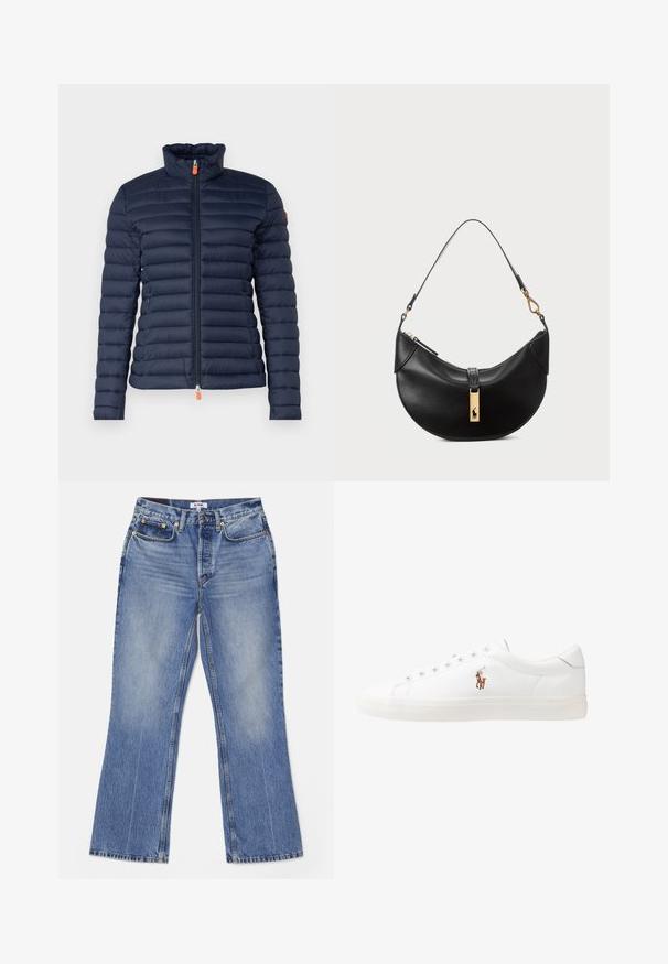 Jachetă puffer bleumarin cu guler înalt, design quilted orizontal, fermoar frontal cu tab de tragere portocalie și fără branding vizibil.; Pulover închis la culoare, cu fermoar la gât, realizat din bumbac moale, având guler, manșete și tiv cu model în relief, decorat cu un mic logo roșu pe piept.; RE/DONE LOOSE - Blugi bootcut - hacienda; Adidași din piele albă, design de tip low-top, cu o textură netedă, vârf rotund, față șiretată și un mic logo brodat pe lateral.; Geantă de piele neagră în formă de jumătate de lună. Dispune de un accent din metal auriu și o curea îngustă. Textură netedă, închidere cu fermoar în partea de sus.