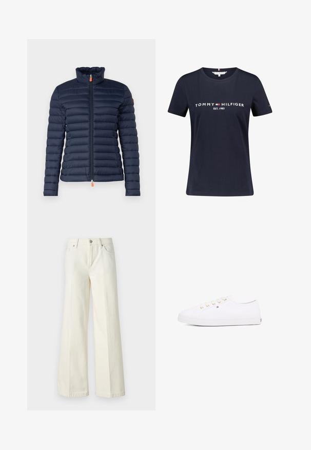Marinblå pufferjacka med hög krage, horisontell quiltad design, framdragkedja med orange dragrem och ingen synlig branding.; Mörkblå bomullströja med korta ärmar, med vit text "TOMMY HILFIGER EST. 1985". Inkluderar en liten logotypdetalj på ärmen.; Vida vida vita vita vida vita vida vita vita vida vita vitala vita.; Vita canvas sneakers med guldöglor, platta snören, texturerad gummisula och minimal branding på sidan. Lågprofil design.