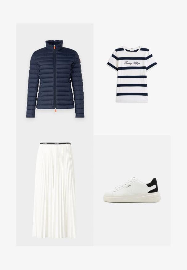 Laastikkara navyta, jossa on korkea kaulus, vaakasuuntainen tikkaus, edessä vetoketju oranssilla vetoketjun vedettimellä, ilman näkyvää brändäystä.; Puuvillainen t-paita, jossa on vaakasuoria tummansinisiä raitoja valkoisella taustalla. "Tommy Hilfiger" brodeerattu kursiivilla rintamuksessa. Pyöreä kaula-aukko.; Hame valkoinen pliseerattu hame mustalla joustavalla vyötäröhihnalla, jossa on "LACOSTE"-logo. Puolipitkä malli pehmeällä tekstuurilla.; Valkoiset nahkakengät paksulla valkoisella pohjalla, mustalla mokkanahkaosuudella kannassa ja kohokuvioitu logo sivulla. Nauhakeskitys kuudella reiällä.