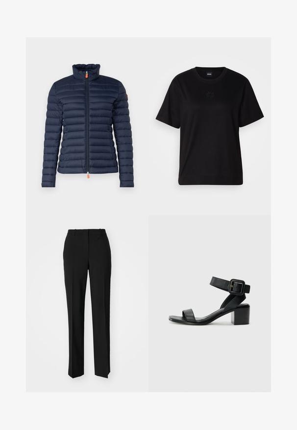Marine blauwe pufferjack met een hoge kraag, horizontale quiltstructuur, een rits aan de voorkant met een oranje trekker en zonder zichtbare merktekens.; Zwarte katoenen t-shirt met een ronde hals, korte mouwen en een geborduurd logo op de borst. Eenvoudige, comfortabele pasvorm zonder patronen.; Zwarte op maat gemaakte broek met een recht model, voorzien van een soepele textuur en scherpe plooien aan de voorkant. Geen zichtbare hardware.; Zwarte leren sandaal met hak, voorzien van een verstelbare enkelband, open teenontwerp en een vierkante blokhak. Gladde textuur, minimalistische stijl.