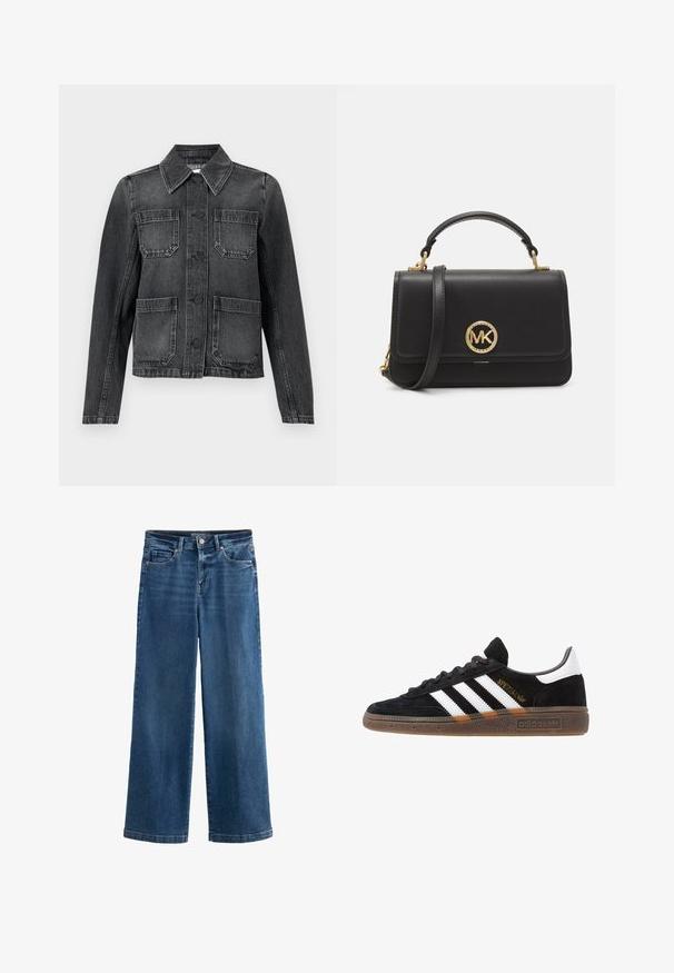 Černá džínová bunda s límečkem, čtyřmi předními kapsami, zapínáním na knoflíky a mírně opotřebovanou texturou.; Bílé dlouhé rukávy košile na knoflíky vyrobené z hladké tkaniny, s klasickým límcem, dvěma předními kapsami a nařasenými manžetami.; Modré široké džíny v denimové látce, s vysokým pasem, pěti kapsami, jemným vyblednutím, zapínáním na knoflík a kontrastním prošíváním.; Černé tenisky Adidas se bílými pruhy, zlatým textem "Spezial", gumovou podešví a bílou patní částí, zobrazené v bočním pohledu.; Černá kožená kabelka se strukturovaným designem, se zlatým kulatým logem, horní rukojetí a odnímatelným ramenním popruhem.
