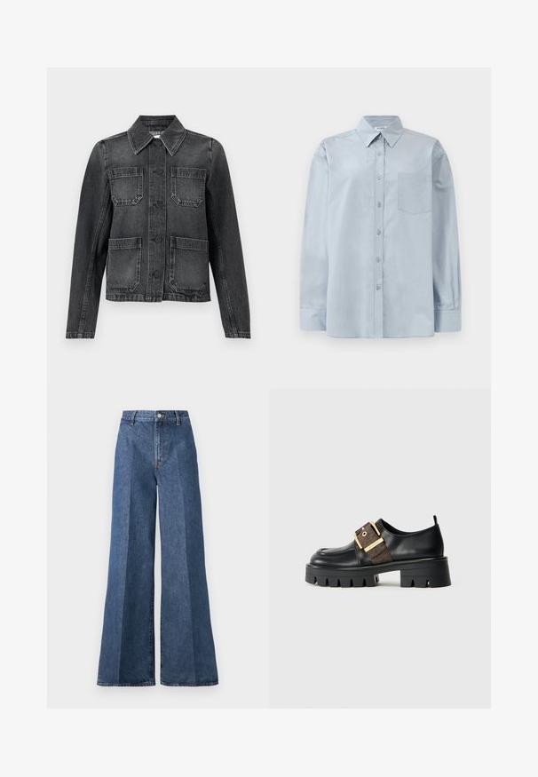 Czarna kurtka dżinsowa z kołnierzykiem, czterema przednimi kieszeniami, zapięciem na guziki i lekko postarzanym wyglądem.; Jasnoniebieska, długosleeve koszula z guzikami, z wywijanym kołnierzykiem i kieszonką na piersi, leżąca na białym tle.; Szerokie niebieskie dżinsy z wysokim stanem, wyposażone w klasyczny pięciokieszeniowy styl i zapięcie na guzik, wykonane z teksturowanej bawełny.; Czarna skórzana trasa z masywną podeszwą, z złotą klamrą i teksturowanym brązowym akcentem. Zaokrąglony nos i minimalistyczny design.