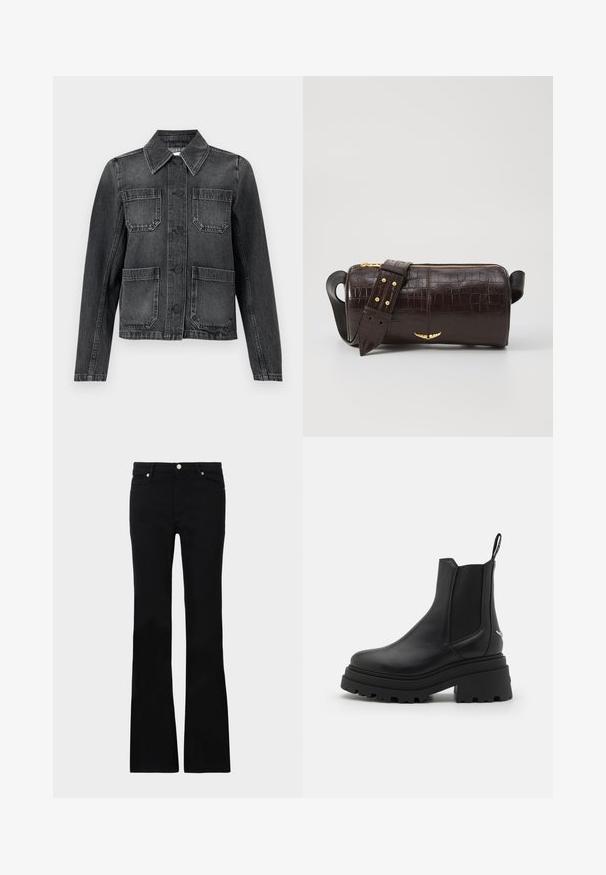 Black denim jacket featuring a collared neckline, four front pockets, button closure, and a slightly distressed texture.; White ribbed short-sleeve T-shirt with a crew neck. The fabric appears smooth with a fitted silhouette. Branding label visible at the collar.; Black flared jeans made of denim, featuring two front pockets, a button closure, and a smooth texture. Signature stitching visible at seams.; Black chelsea boots made of smooth leather with elastic side panels, a thick, ridged rubber sole, and a pull tab at the back.; Brown crocodile-embossed leather bag with a cylindrical shape, gold-tone hardware, and a detachable strap featuring studs.