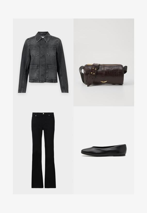 Black denim jacket featuring a collared neckline, four front pockets, button closure, and a slightly distressed texture.; Long-sleeve, light beige top with a round neckline. Made of soft fabric, features a central seam and slightly curved hem. No visible hardware.; Black flared jeans made of denim, featuring two front pockets, a button closure, and a smooth texture. Signature stitching visible at seams.; Paul Smith TOPANGA - Ballet pumps - black; Brown crocodile-embossed leather bag with a cylindrical shape, gold-tone hardware, and a detachable strap featuring studs.