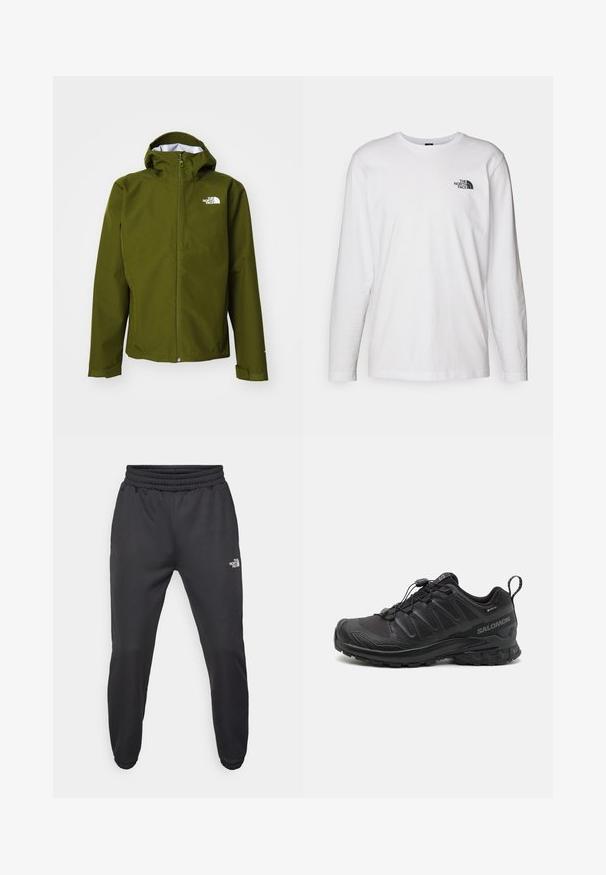 Giacca impermeabile verde con zip frontale, cappuccio regolabile e logo sul lato sinistro del petto. Presenta polsini con cinturini in Velcro.; T-shirt bianco a maniche lunghe in cotone con colletto rotondo. Presenta un piccolo logo nero sul petto. Texture liscia, vestibilità regolare.; Pantaloni sportivi neri con vita regolabile tramitecordino, vestibilità affusolata, polsini elasticizzati e un piccolo logo bianco sulla coscia sinistra, realizzati in tessuto morbido.; Scarpa sportiva nera con parte superiore in sintetico testurizzato, suola imbottita e sistema di allacciatura rapida. Presenta una punta e un tallone rinforzati.