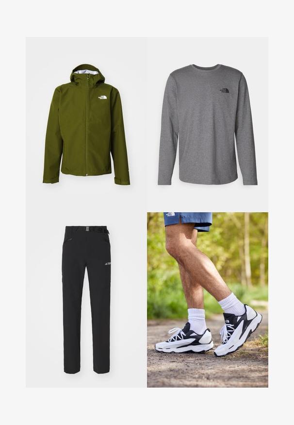 Zielona wodoodporna kurtka z zamkiem z przodu, regulowanym kapturem i logo na lewej piersi. Posiada mankiety z rzepami.; The North Face - Bluzka z długim rękawem; Czarne spodnie na zewnątrz z gładkiego materiału, boczne kieszenie na zamek, wzmocnione partie na kolanach oraz regulowany pas z klamrą.; Czarno-białe buty sportowe z siateczkową cholewką, teksturowanymi akcentami i białymi sznurówkami. Noszone z białymi skarpetkami do kostek i granatowymi szortami na ścieżce.