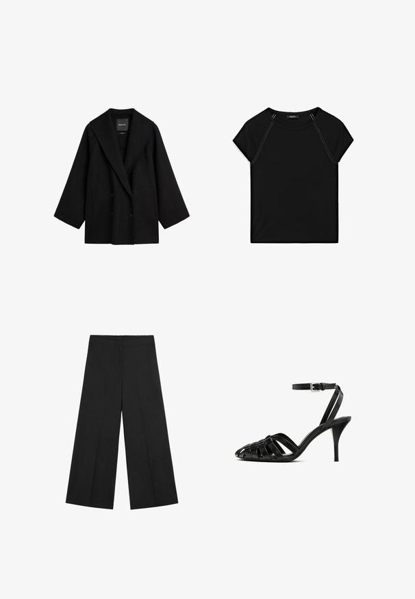 Sort oversized dobbeltradet frakke med brede revers og lange ærmer, der har sidelommer og en lige kant.; Sort kortærmet top med rund halsudskæring og kontrastfarvet hvid syning langs skuldre og sider. Blødt, glat stof.; Sorte bukser med vidde i benene og elastisk taljebånd. Fremstillet af let stof med en glat tekstur og rent, minimalistisk design.; Sorte læder højhælede sandaler med ankelrem, der har vævede remme over tæerne, en glat finish og en spids silhuet.