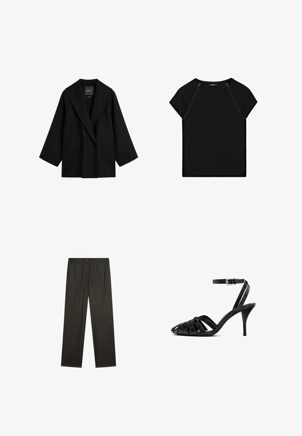 Czarny, oversize, dwurzędowy płaszcz z szerokimi klapami i długimi rękawami, z bocznymi kieszeniami i prostym dołem.; Czarny top z krótkim rękawem z okrągłym dekoltem i kontrastowym białym szyciem wzdłuż ramion i boków. Miękka, gładka tkanina.; Ciemnozielone, szerokie spodnie o gładkiej fakturze, z elastycznym paskiem w talii i bocznymi kieszeniami. Prosty fason bez widocznych wzorów ani okuć.; Czarne skórzane sandały na wysokim obcasie z paskiem na kostce, z plecionymi paskami na palcach, gładkim wykończeniem i spiczastym kształtem noska.
