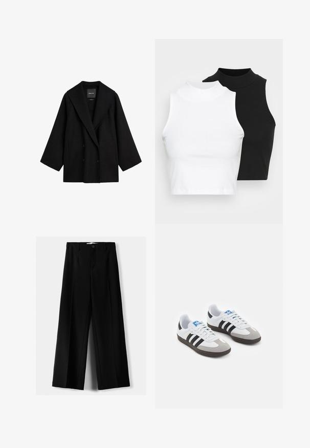 Černý oversized dvouřadový kabát se širokými klopami a dlouhými rukávy, s bočními kapsami a rovnými lemy.; Dvě bezrukávové halenky s ribovým stojáčkem v černé a bílé barvě, které mají přiléhavý střih a hladkou texturu, s krácenou délkou.; Černé široké kalhoty z lehkého materiálu s předním zapínáním na knoflík a hladkým předním dílem, s pečlivě přišitými lemy.; Sportovní boty s bílým koženým svrškem, šedou semišovou špičkou a třemi černými pruhy. Obsahují modré logo na jazyku a texturovanou gumovou podrážku.