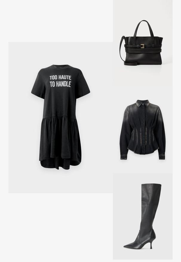 Melna denima jaka ar pieguļošu dizainu, augstu apkakli un divām priekšējām šuvēm. Iekļauj pogu aizdari un garas piedurknes ar aproces detaļām.; Melna T-krekliņa kleita ar īsām piedurknēm, platu apakšmalu, savelktu svārku un balto tekstu "PĀRĀK KARSTA, LAI TIKTU GALĀ" priekšpusē. Koksnes audums.; Ceļa auguma melni ādas zābaki ar smailu purngalu un šauru stiletto papēdi. Gluda tekstūra ar pieguļošu dizainu un izšuvumiem augšējā malā.; Melna ādas rokassoma ar strukturētu dizainu, divām augšējām rokturiem, noņemamu siksnu un zelta sprādzi, kas akcentē horizontālo joslu.