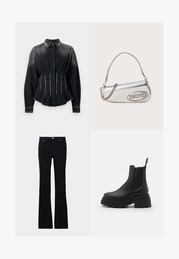 Čierna denimová bunda s priliehavým strihom, vysokým golierom a dvoma prednými zošitiami. Obsahuje uzavretie na gombíky a dlhé rukávy s detailmi na manžetách.; Rukávová blúzka v kombinácii modrých, hnedých a krémových abstraktných vzorov. Mäkká látka s priliehavým strihom a vysokým golierom.; Čierne rozšírené džínsy vyrobené z denimu, s dvoma prednými vreckami, zapínaním na gombík a hladkým povrchom. Viditeľné podpisové šitie na švoch.; Čierne chelsea čižmy vyrobené z hladkej kože s elastickými bočnými panelmi, hrubou, ryhovanou gumovou podrážkou a pútkom vzadu.; Strieborná metalická kabelka s okrúhlo trojuholníkovým tvarom, s logom, reťazovým popruhom a hladkou textúrou. Zips na bočnej strane.