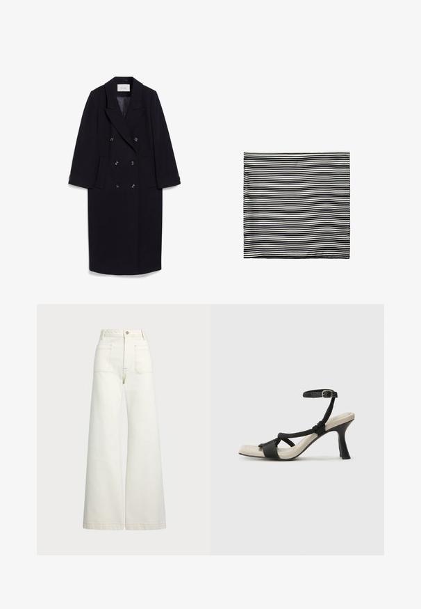 Marineblauer doppelt gefütterter Mantel aus Wool-Blend, ausgestattet mit breiten Revers, vier Fronttaschen und drei schwarzen Knöpfen auf der Vorderseite.; Kurzärmliges, gestreiftes Oberteil in Creme und Marineblau, mit rundem Halsausschnitt und kastiger Form aus strukturiertem Stoff.; Weite Jeans aus off-white Denim. Hoch tailliertes Design mit Knopfverschluss, zwei Fronttaschen und kontrastierenden Stickdetails.; Schwarze Absatzsandale mit geflochtenem Riemendesign, quadratischer Spitze und verstellbarem Knöchelriemen. Helle beigefarbene Sohle mit glänzendem schwarzen Absatz.; Schwarz-weißer gestreifter Schal aus leichtem Stoff. Rechteckige Form mit gleichmäßigen, abwechselnden Streifen unterschiedlicher Breite. Weiche Textur.