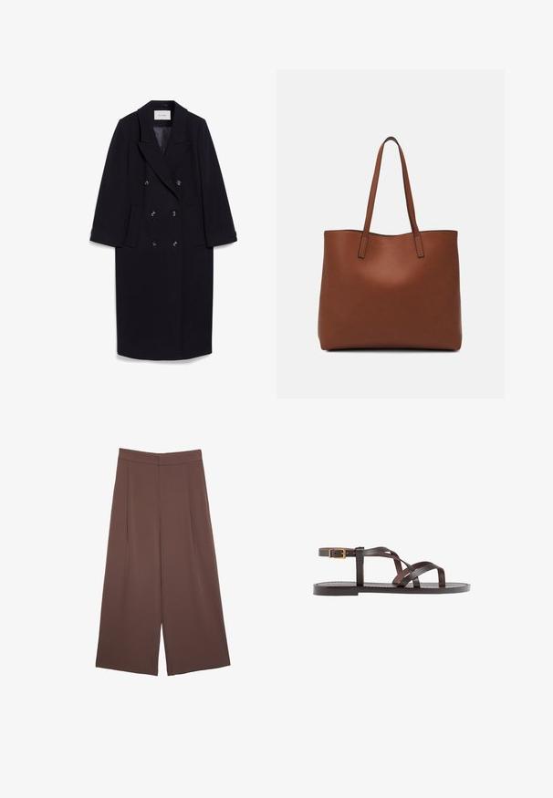 Marinblå dubbelknäppt kappa i ullblandning, med breda slag, fyra framfickor och tre svarta knappar framtill.; Ljus beige kortärmad t-shirt med rund halsringning, tillverkad av mjuk, slät tyg. Har en avslappnad passform och rak nederkant.; Bruna vida byxor med en slät textur, som har hög midja och framfickor. Tyget är lätt och flödar löst.; Bruna lädersandaler med korsade remmar, spänne runt vristen och en platt sula med minimala sömnadsdetaljer.; Brun läder tote-väska med en slät textur, öppen toppdesign och två axelremmar. Har minimal söm och ingen synlig metalldetalj.; Brun tårformad hänge på en tunn silverkedja, med en rund, mönstrad accentbit ovanför hängen. Slät textur, minimalistisk design.