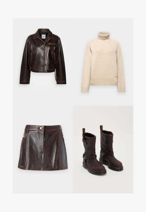 sandro Mākslīgās ādas jaka - marron foncé; Bēša augstākā kakla džemperis, kas izgatavots no mīksta adījuma auduma. Iezīmējas ar ribotām aprocēm un apakšmalu, kā arī ar smalku zīmola logotipu kreisajā apakšējā stūrī.; Brūns ādas mini svārks ar elegantu dizainu, divām kabatām ar rāvējslēdzējiem sānos un kontrastējošiem šuvēm gar malām.; Brūni ādas zābaki ar vidēja teļa dizainu, aprīkoti ar siksnu un sprādzi, biezu melnu zoli un dzeltenām šuvēm.