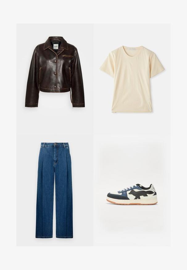 sandro Bunda z umělé kůže - marron foncé; Krémové tričko vyrobené z měkké, lehké bavlny, s krátkými rukávy a kulatým výstřihem. Žádné viditelné vzory či akcenty.; Džínové kalhoty s širokými nohavicemi v tmavě modré barvě, přední sklady, zapínání na knoflíky a klasické prošívání po švech. Hladká textura po celém povrchu.; Nízké tenisky v bílé, námořnické a černé kůži. Mají výrazný siluetu lišky na boku a texturovanou podrážku z gumy.