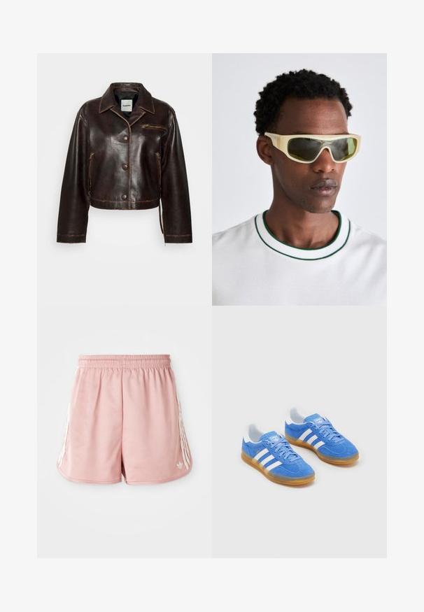 sandro Jakna iz umetnega usnja - marron foncé; Modra in bela karirana skrajšana majica iz lahkega materiala. Ima okrogel izrez, prilagodljivo vezanje in gube.; Roza atletska kratka hlača z elastičnim pasom, stransko belim črtanjem in majhnim logotipom na dnu levega sprednjega dela. Gladka tekstura tkanine.; Modre semiš športne čevlje z belimi črtastimi poudarki, gumo podplat in oblazinjen ovratnik za udobje. Ima klasičen vezalni dizajn.; Sončna očala s prozornim rumenim okvirjem in zeleno obarvanimi lečami. Kotna zasnova z širokimi ročaji, nosijo jih s belo srajco, ki ima zelene poudarke.