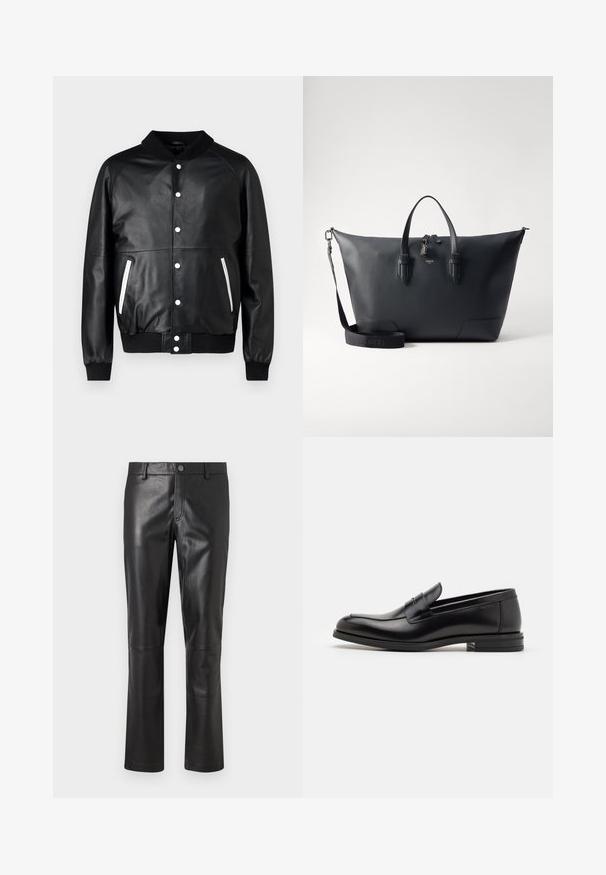 Black leather bomber jacket with a ribbed collar, white snap buttons, and side pockets featuring white accent zippers. Smooth texture and fitted cuffs.; White long-sleeve thermal top with a ribbed texture, crew neck, and banded cuffs. Clean design with no patterns or additional accents.; Black leather pants with a smooth texture, straight-leg design, and subtle stitching along the seams. Features a button closure at the waist.; Black leather loafers with a smooth texture, rounded toe, and a decorative strap across the vamp. Low stacked heel, minimalist design.; Lancel CHARLIE UNISEX - Briefcase - black