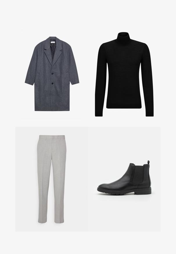 Cappotto in lana grigia con colletto a scollo, maniche lunghe, due tasche laterali e tre bottoni neri, dotato di una fodera interna liscia.; Maglione a collo alto nero realizzato in materiale morbido, con maniche lunghe e vestibilità aderente. Bordo a coste all'orlo e ai polsini. Design semplice.; Pantaloni grigi chiari con una texture liscia, frontale piatto e gambe dritte. Realizzati in tessuto traspirante, dotati di tasche interne e passanti per cintura.; Stivale Chelsea in pelle nera con pannelli laterali elasticizzati e un ciondolo sul tallone, caratterizzato da una punta arrotondata e una suola in gomma testurizzata.