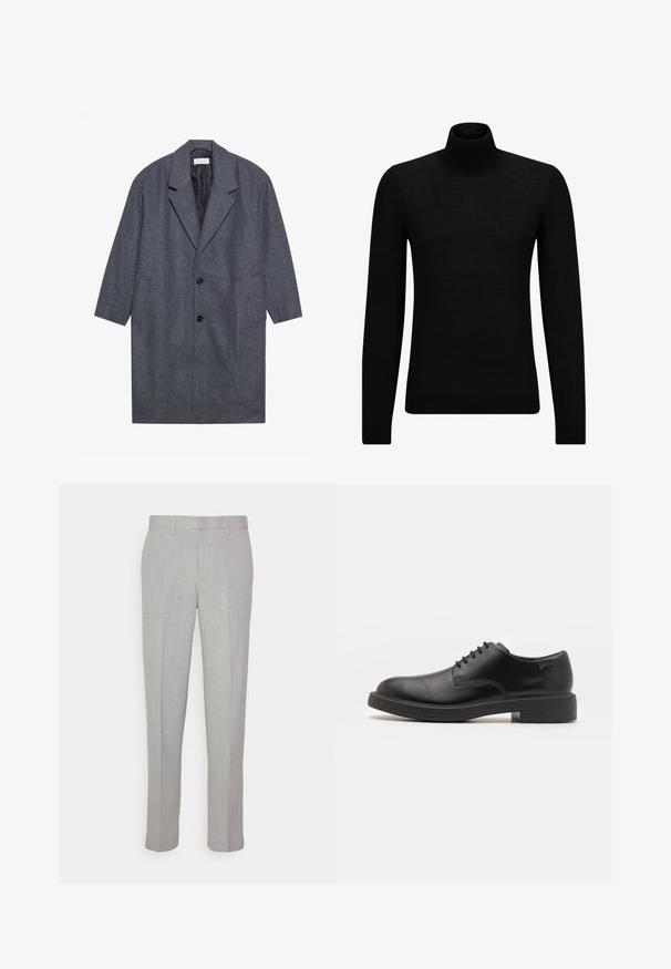 Pilkas vilnonis paltas su įpjovimu, ilgomis rankovėmis, dviem šoniniuose kišenėmis ir trimis juodais mygtukais, su lygiu pamušalu.; Juodas aukšto kaklo megztinis, pagamintas iš minkštos medžiagos, su ilgomis rankovėmis ir prigludusia forma. Su raukiniais apačioje ir rankogaliuose. Paprastas dizainas.; Šviesiai pilki kelnės su lygiu paviršiumi, plokščiu priekiu ir tiesiomis kojomis. Pagamintos iš kvėpuojančios medžiagos, su vidinėmis kišenėmis ir diržo kilpomis.; Juodas odinis batų modelis su raišteliais, apvaliu nosiu, lygiu paviršiumi, minimaliai siuvinėjimu ir žemu guminėmis pakulne. Ant pakulnės šalia logo.