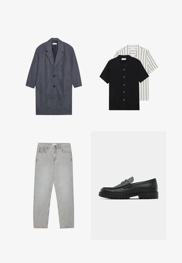 Sivi vuneni kaput s obodom, dugih rukava, dva bočna džepa i tri crna dugmeta, s glatkom unutarnjom podstavom.; Dva kratka rukava košulje: jedna potpuno crna, a druga bijela s crnim okomitim prugama. Obje imaju dugmad i klasični ovratnik.; Svijetlosivi traper hlače s ravnim nogavicama, stilom s pet džepova i kopčanjem na gumb. Vidljivo šivenje duž šavova.; Crne kožne mokasine s zaobljenim vrhom, s ušivenim dizajnom, niskom platformom i teksturiranim, gumenim potplatom s izbočinama.