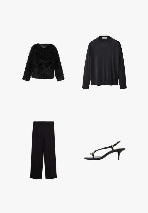 Svart faux fur-jacka med v-ringning, långa ärmar och en mjuk, texturerad yta. Ofooderad med en något kortare passform.; Svart stickad tröja med ribbat rundhals, långa ärmar och rak fåll. Mjuk textur, minimalistisk design och mångsidig stil.; Svarta vida byxor i en mjuk tygkvalitet, med veck framtill och sidofickor, designade med en rak och avslappnad passform.; Svart lädersandal med kitten heel, tunna remmar, guldspänne och minimalistisk tåloop på en vit bakgrund.