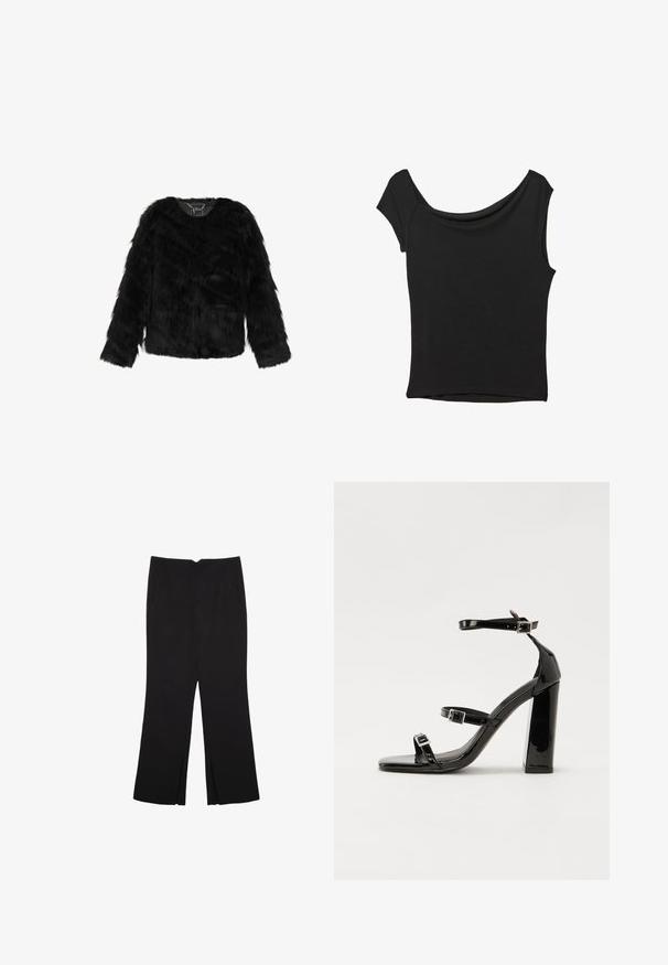 Černá umělá kožešinová bunda, se zpředu ve tvaru V, dlouhými rukávy a měkkým, texturovaným povrchem. Bez podšívky, lehce zkráceného střihu.; Černý krátký rukáv top vyrobený z hladké látky; má drapovaný výstřih a asymetrický lem, s přiléhavým střihem.; Černé kalhoty s rovným střihem, s předními kapsami a bočními rozparky na lemu. Vyrobené z jemné, hladké tkaniny. Vhodné na různé příležitosti.; Černé lakované sandály na podpatku se čtveratou špičkou, lýtkovými pásky a stříbrnými přezkami. Disponují masivním blokovým podpatkem pro stabilitu.