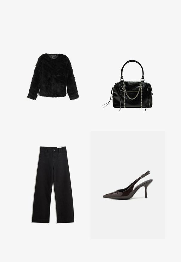 Schwarze Kunstpelzjacke mit V-Ausschnitt, langen Ärmeln und einer weichen, strukturierten Oberfläche. Ungefüttert mit einem leicht verkürzten Schnitt.; Schwarz-weiß gestreifte Langarmshirts mit Rundhalsausschnitten, weichem Stoff und einer taillierten Passform mit geraden Säumen.; Schwarze weit geschnittene Jeans mit hoher Taille, ausgestattet mit Vorder- und Hintertaschen, gesteppten Nähten und einem Knopfverschluss. Glatte Textur.; Slingback-Pumps aus glänzendem dunklen braunen Lackleder, mit spitzer Zehenpartie, offenen Seiten und verstellbarem Knöchelriemen.; Bershka WITH CHAIN - Handtasche - black