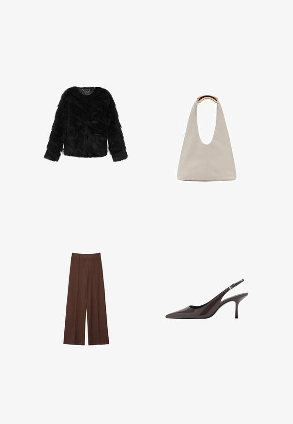 Musta tekoturkistakki, jossa on V-pääntie, pitkät hihat ja pehmeä, teksturoitu pinta. Vuoraamaton ja hieman lyhennetty malli.; Kahvinsävyinen lyhythihainen t-paita, joka on valmistettu pehmeästä kankaasta. Pyöreä pääntie ja rento malli. Ei näkyviä kuvioita tai koristeita.; Ruskeat leveälahkeat housut pehmeästä kankaasta, joissa on korkea vyötärö, pystysaumadetailit ja sileä pinta.; Korkokenkä, jossa on terävä kärki ja avokanta, valmistettu tummanruskeasta kiillon nahasta. Kenkässä on hoikka korkea korko ja säädettävä nilkkastrappi, jossa on solki.; Vaalea harmaa nahkalaukku, jossa on U-muotoinen muotoilu ja kaareva metallikahva. Suora pinta, jossa on minimaalinen ompelu ja ei näkyviä kuvioita.