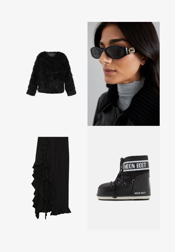 Juodas dirbtinio kailio švarkas, turintis V formos iškirptę, ilgas rankoves ir minkštą, tekstūruotą paviršių. Neturi pamušalo ir turi šiek tiek trumpą kirpimą.; Juodas ilgomis rankovėmis marškinėliai su tekstūruotu audiniu, turintys banguotą raštą ir pakeltus kaspinų ornamentus visame paviršiuje. Apvalus iškirpimas ir prigludusi siluetas.; Juoda suknelė, pagaminta iš minkštos medžiagos, su raukšlėtu akcentu kairėje pusėje ir plazdančiu apvadu apačioje, sukurianti tekantį siluetą.; Juodas mėnulio botas su paminkštintu viršumi, užsegamas raišteliais ir išskirtine balta juosta su logotipu. Storas, tekstūruotas guminis padas.; Juodos saulės akinius, turinčius elegantišką stačiakampį rėmą su auksiniu logotipo akcentu šone. Tamsūs lęšiai ir blizgus paviršius išsiskiria.