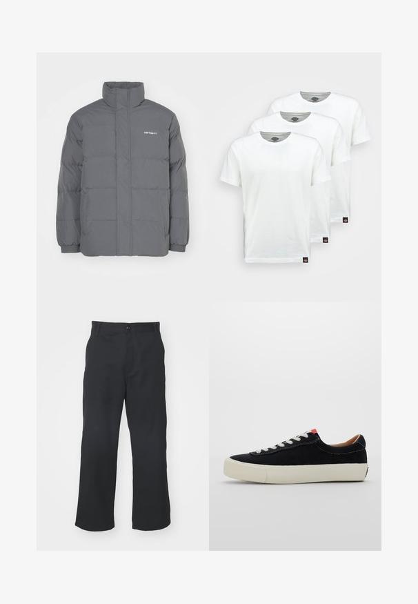 Grå oppustelig jakke med høj krave, vandret quiltet mønster, elastiske manchetter og frontlommer. Har et lille logo på brystet.; Tre ensfarvede hvide bomulds t-shirts med korte ærmer. Hver shirt har en rund halsudskæring og et lille sort logo mærke på venstre side.; Sorte, lige ben bukser lavet af stof med en glat tekstur, som har en frontknaplukning og standardlommer.; Sort stof sneaker med hvide snørebånd, beige gummisål og rød accent ved hælen. Rundt tåparti og minimal syning.