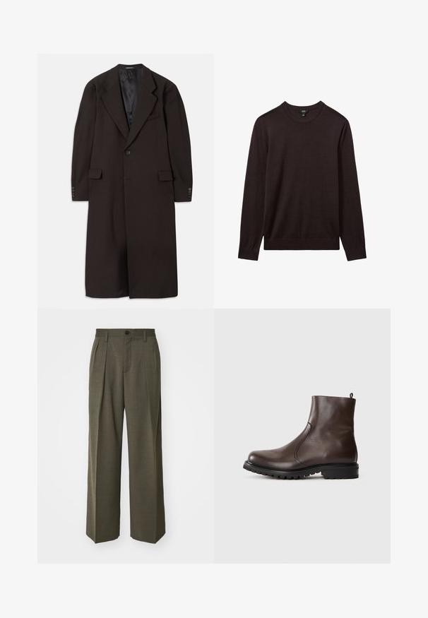 Langer brauner Mantel mit Reverskragen, einreihigem Knopfverschluss und seitlichen Taschen. Verfügt über ein glattes Innenfutter und taillierte Ärmel mit Knopfakzenten.; Reiss Strickpullover - dark bordeaux; Filippa K WIDE TROUSERS - Stoffhose - driftwood; Braune Leder-Stiefeletten mit glatter Textur, elastischen seitlichen Einsätzen, einer Schlaufe hinten und einer robusten Gummisohle.