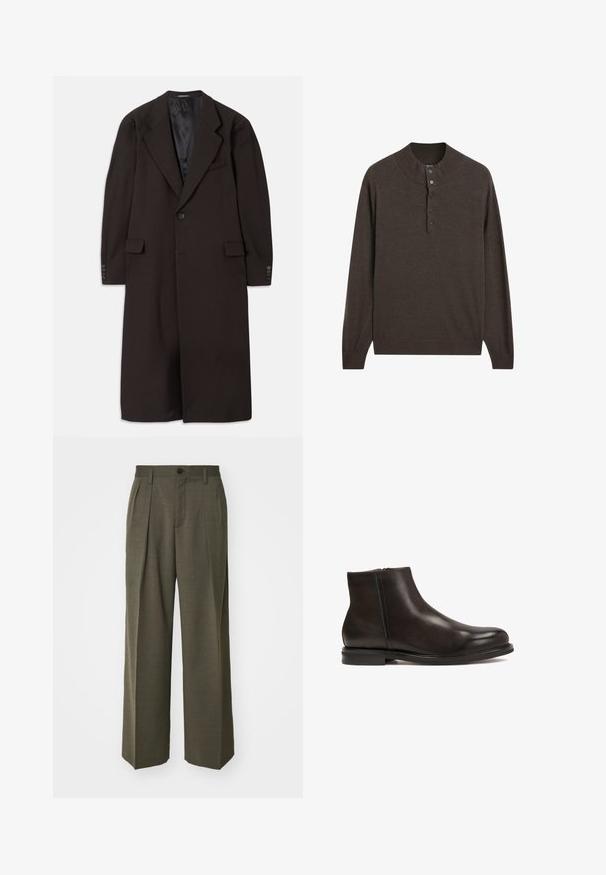Lange bruine jas met een reverskraag, sluiting met één knoop en zijzakken. Heeft een gladde binnenvoering en nauwsluitende mouwen met knoopaccenten.; Bruine lange mouwen trui met een hoge kraag en een placket met drie knopen. Gemaakt van zachte stof, heeft het een gladde textuur en geribbelde manchetten.; Filippa K WIDE TROUSERS - Broek - driftwood; Zwarte leren enkelboot met een gladde textuur, ronde neus en een lage hak. Voorzien van een zijrits voor gemakkelijk aan- en uittrekken.