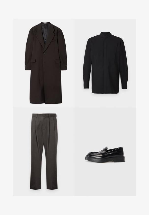 Abrigo largo marrón con cuello de solapa, cierre de un solo botón y bolsillos laterales. Presenta un forro interior suave y mangas ajustadas con detalles de botones.; Camisa negra de manga larga con cuello alto, con un corte recto y diseño minimalista. La tela parece lisa y estructurada.; Pantalones de color gris oscuro fabricados en un tejido texturizado, con un frente plano, pinzas, piernas rectas y trabillas para cinturón. Sin hardware visible ni patrones.; Mocasines de cuero negro con punta redondeada, un diseño cosido en la parte superior y una suela de goma gruesa. Textura suave con acentos mínimos.