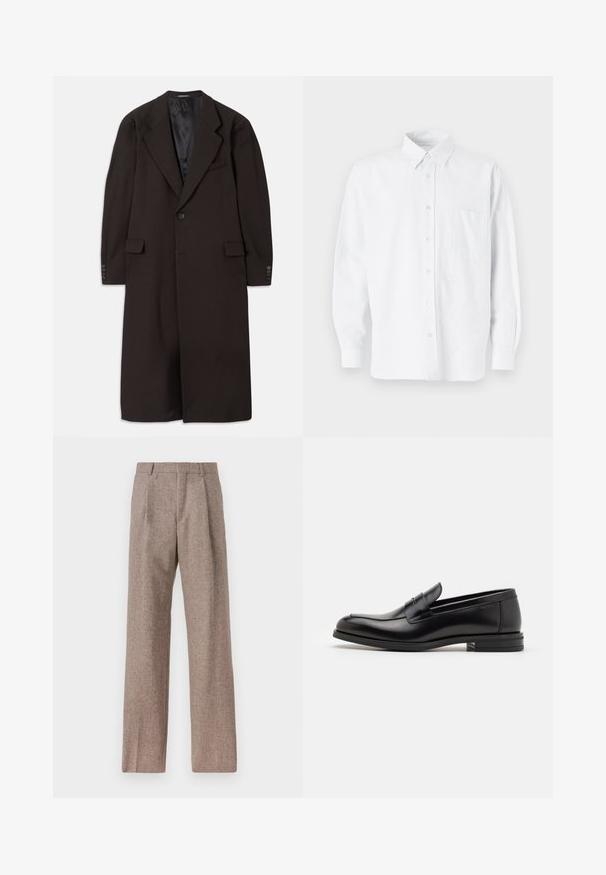 Dlouhý hnědý kabát s límcovými klopy, zapínáním na jeden knoflík a bočními kapsami. Má hladkou podšívku a přizpůsobené rukávy s akcenty knoflíků.; Bílá košile s límečkem, s jemnými vertikálními pruhy, dlouhými rukávy, náprsní kapsou a klasickým zaobleným lemem.; Hnědé kalhoty s vysokým pasem vyrobené z texturované látky. Mají široké nohavice a dva přední sklady pro strukturu. Úhledné provedení bez viditelné kovových částí.; Černé kožené polobotky s hladkou texturou, zaoblenou špičkou a zdobným páskem přes nárt. Nízký stohovaný podpatek, minimalistický design.