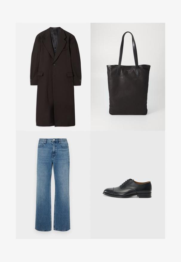 Dlouhý hnědý kabát s límcovými klopy, zapínáním na jeden knoflík a bočními kapsami. Má hladkou podšívku a přizpůsobené rukávy s akcenty knoflíků.; Bílá košile s límečkem, s jemnými vertikálními pruhy, dlouhými rukávy, náprsní kapsou a klasickým zaobleným lemem.; Široké modré džíny vyrobené z denimu s vybledlým povrchem. Mají pět kapes, přední zapínání na knoflík a rovný střih.; Černé kožené společenské boty s hladkým povrchem, zaoblenou špičkou, pěti očky pro tkaničky a nízkým blokovým podpatkem. Minimalistický design s jemným švem.; Černá plátěná taška s černými koženými uchy. Jednoduchý design, prostorné tělo a hladký povrch. Žádné viditelné loga ani vzory.