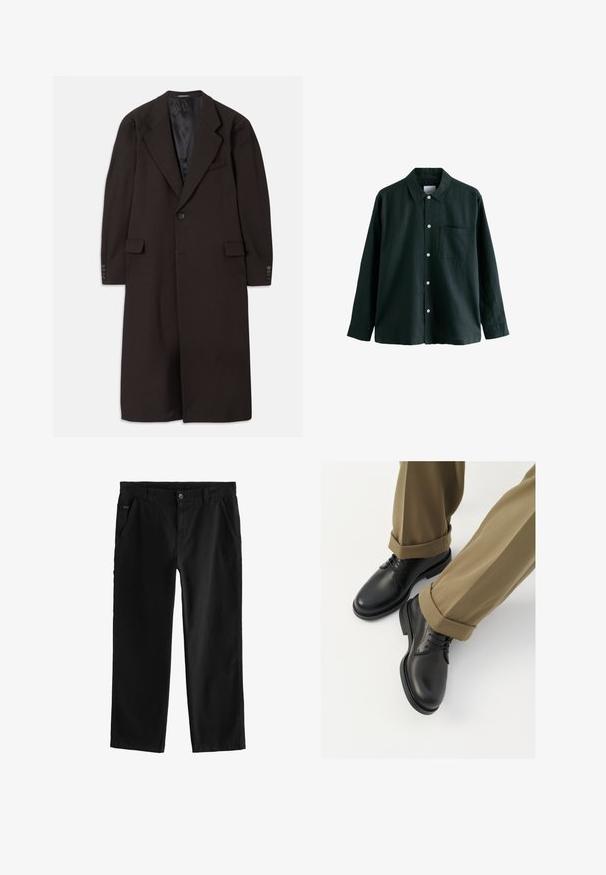 Palton lung, maro, cu guler cu rever, închidere cu un singur buton și buzunare laterale. Dispune de o căptușeală interioară netedă și mâneci ajustate cu accente de buton.; Cămașă butonată de culoare verde închis, cu guler, mâneci lungi și un singur buzunar pe piept; dispune de butoane albe și o textură moale.; Pantaloni negri din bumbac cu design drept, dotati cu inchidere cu nasture frontal, buzunare laterale înclinate și detalii subtile de cusătură.; Pantofi negri din piele cu un finisaj neted, dotati cu sireturi si varf rotunjit, asortați cu pantaloni kaki rulați.