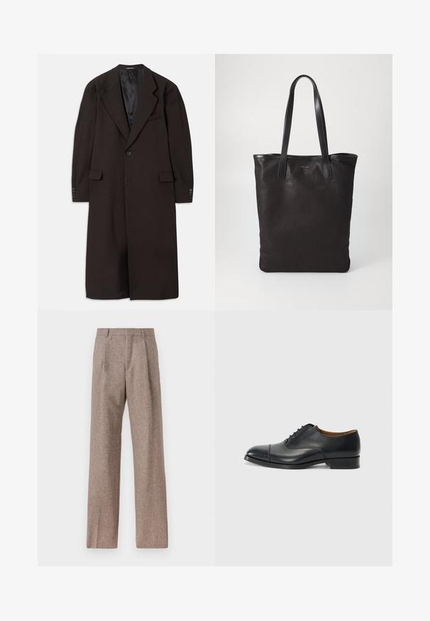 Abrigo largo marrón con cuello de solapa, cierre de un solo botón y bolsillos laterales. Presenta un forro interior suave y mangas ajustadas con detalles de botones.; Camisa blanca de manga larga y botonadura frontal, hecha de algodón, con un bolsillo en el pecho con bordado tonal, cuello y puños con botones.; Pantalones marrones de cintura alta hechos de una tela texturizada. Presentan piernas anchas y dos pliegues frontales para dar estructura. Acabado limpio sin hardware visible.; Zapato de vestir de piel negra con un acabado suave, punta redondeada, cinco ojales para los cordones y tacón bajo en bloque. Diseño minimalista con costuras sutiles.; Bolsa tote de lona negra con asas de cuero negro. Diseño sencillo, cuerpo espacioso y textura suave. Sin logos ni patrones visibles.