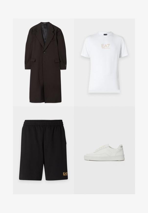 Cappotto lungo marrone con colletto a revers, chiusura con un bottone e tasche laterali. Presenta una fodera interna liscia e maniche su misura con dettagli di bottoni.; T-shirt bianco in cotone con scollatura rotonda e maniche corte, con il logo oro EA7 Emporio Armani stampato sul fronte.; Pantaloni sportivi neri realizzati in tessuto morbido, con vita elastica e un piccolo logo EA7 giallo sulla parte bassa della gamba sinistra.; Sneaker in pelle bianca con una finitura liscia, punta rotonda, lacci piatti e suola testurizzata. Presenta un logo discreto sul tallone.