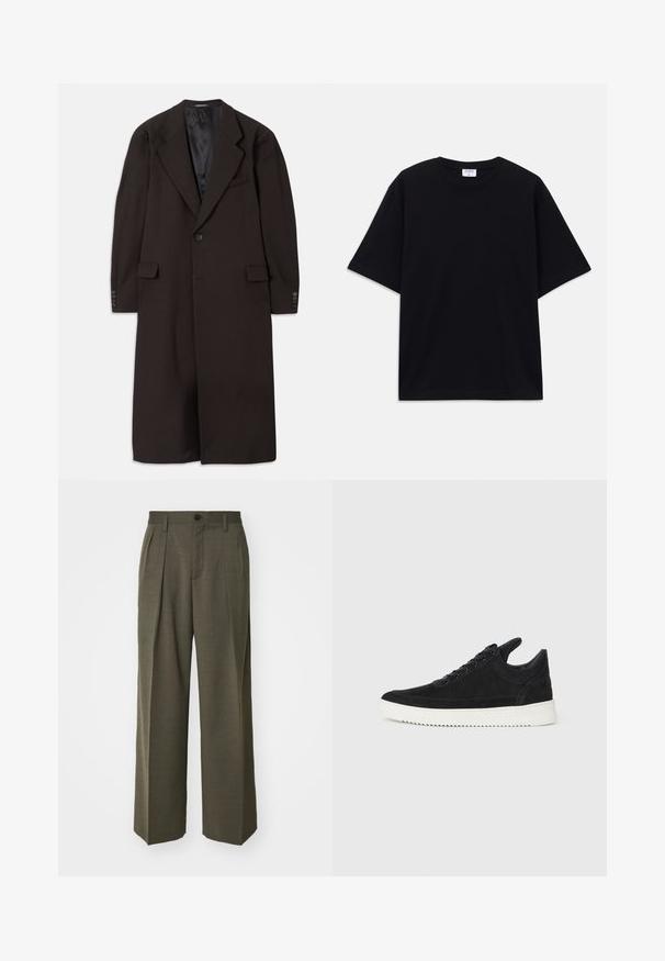 Palton lung, maro, cu guler cu rever, închidere cu un singur buton și buzunare laterale. Dispune de o căptușeală interioară netedă și mâneci ajustate cu accente de buton.; Tricou oversized cu mânecă scurtă, de culoare neagră, cu decolteu rotund și etichetă Filippa K vizibilă în interiorul gulerului.; Filippa K WIDE TROUSERS - Pantaloni - driftwood; Sneakers negre din suede cu o talpă din cauciuc albă, prezentând cusături tonale și un design cu șireturi. Textură netedă cu o formă modernă și aerodinamică.