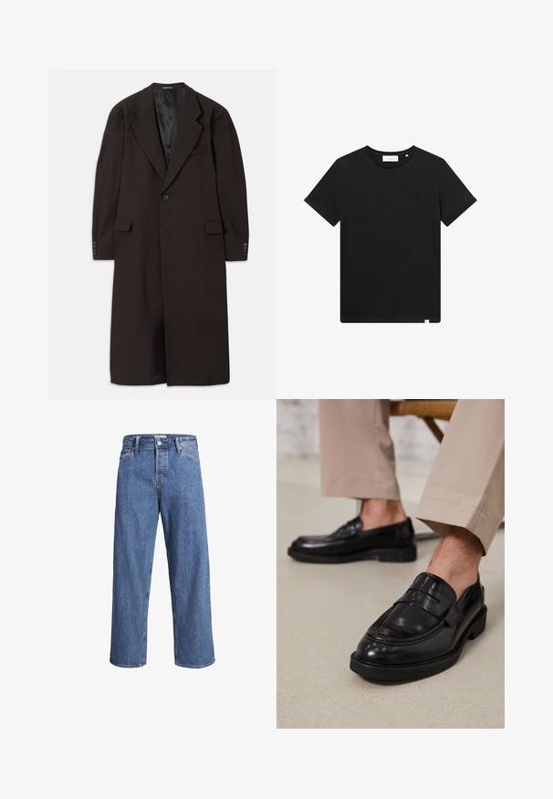 Ilgas rudas paltas su apykakle, vieno mygtuko užsegimu ir šoninėmis kišenėmis. Yra sklandus vidinis pamušalas ir pritaikyti rankovės su mygtuko akcentais.; Juodas trumpas rankovėmis marškinėliai, pagaminti iš medvilnės, su apvaliu kaklu ir mažesniu logotipu išsiuvinėtų ant krūtinės. Lygus paviršius, standartinė laikysena.; Šviesiai mėlynos džinsinės kelnės su tiesiu kirpimu, aukštu liemeniu ir minimaliais siuvimo detalėmis. Audinys yra minkštas, šiek tiek nublukęs.; Juodi odiniai loaferiai su lygia apdaila, su dekoratyvine juosta ir kontrastinėmis siūlėmis, derinami su bežinėmis kelnėmis.