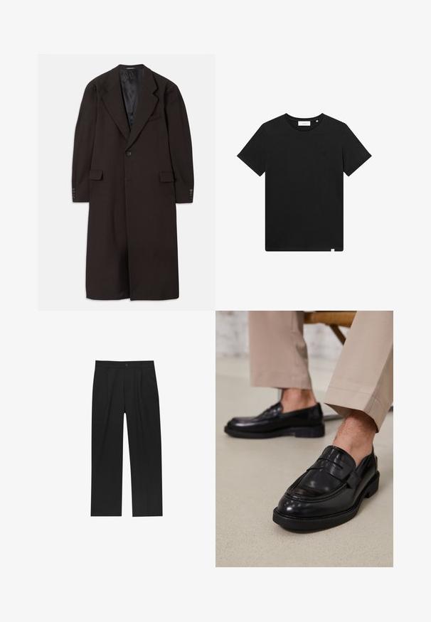 Lång brun kappa med slagkrage, enkel knappstängning och sidofickor. Har en smidig innervadding och skräddarsydda ärmar med knappar som accent.; Svart kortärmad T-shirt i bomull, med rund hals och en liten logotyp broderad på bröstet. Slät textur, standard passform.; Svarta byxor med rak ben-design, tillverkade av ett jämnt tyg. Har framfickor och en enkel knapplåsning i midjan.; Svarta läder loafers med en slät finish, prydda med en dekorativ rem och kontrastsöm, tillsammans med beiga byxor.