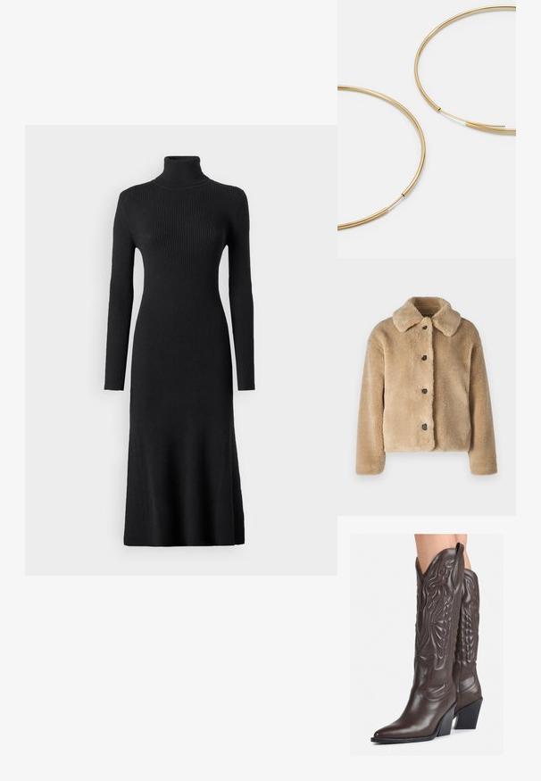 Fiktīvā kažokādas jaka gaiši bēšā krāsā, ar apkakli, priekšējo pogu aizdari ar melnām pogām un garām piedurknēm. Mīksta tekstūra ar samtainu apdari.; VILA VIAMARIA ROLL NECK DRESS - Džemperkleita - black; Brūni ādas kovboju zābaki ar norādītu purngalu un blokveida papēdi, ar detalizētu šūšanu un paceltiem akcentiem uz kājas daļas.; Melnas ādas saķeres soma ar atloku un zelta metāla sprādzi. Ietver melnu siksnu un elegantu, minimālistisku dizainu.; Zelta krāsas auskari gredzena formā, plāni un apaļi, ar gludu metāla apdari un bez rotājumiem vai zīmējumiem.