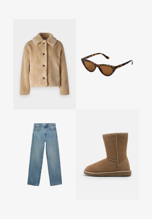 Umelá kožušinová bunda svetlobeige farby s golierom, predným zapínaním na gombíky s čiernymi gombíkmi a dlhými rukávmi. Mäkká textúra s plyšovým povrchom.; Hnedý pletený sveter s vysokým rebrovaným golierom, širokými rukávmi a jemnou textúrou. Má voľný strih a rebrované detaily na rukávoch.; Svetlomodré džínsové nohavice so strihaťou rovného zakončenia, vysokým pásom, piatimi vreckami a kontrastným prešívaním. Žiadne ozdoby ani vzory nie sú prítomné.; Hnedé zamatové členkové topánky s okrúhlym špičkou, vertikálnymi švami a plochou gumovou podrážkou. Dizajn obsahuje prešitie okolo otvoru.; Mačacie slnečné okuliare s čiernym a oranžovým želvovinovým rámom, hnedými sklami a elegantnými, špicatými koncami. Obsahujú minimalistické logo na spánku.