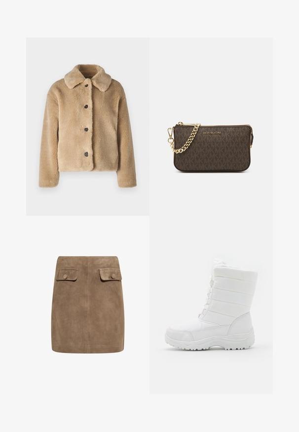 Faux-Fur-Jacke in hellbeige mit Kragen, vorderem Knopfverschluss mit schwarzen Knöpfen und langen Ärmeln. Weicher Stoff mit plüschiger Oberfläche.; Langärmeliges, schulterfreies Oberteil aus einem weichen, cremefarbenen Stoff. Besitzt ein gedrehtes Frontdetail und seitliches Raffen für eine figurbetonte Silhouette.; Brauner Wildleder-Minirock mit glatter Textur, ausgestattet mit zwei vorderen Klappentaschen und Druckknopfverschlüssen an beiden Seiten. Schlichtes, gerades Design.; Weiße wasserdichte Winterstiefel mit einem gepolsterten Schaft, strukturiertem Design, verstellbaren Schnüren und einer robusten Gummisohle für guten Halt.; Braune Leder-Crossbody-Tasche mit Logo-Muster, goldener Kettenriemen, Reißverschlussverschluss und goldenen Hardware-Details. Kompakte und rechteckige Form.