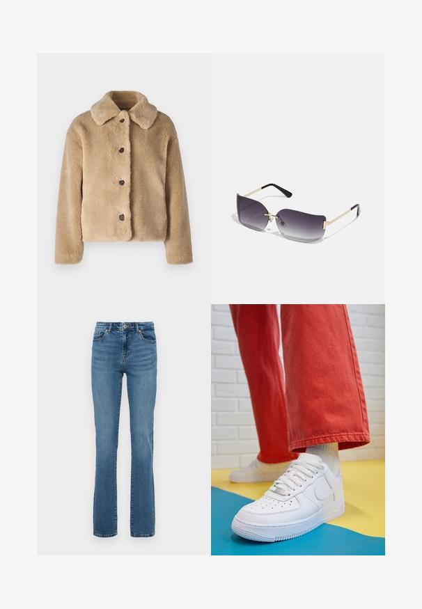 Šviesiai bežinė dirbtinio kailio striukė, kuri turi apykaklę, priekinį užsegimą juodais mygtukais ir ilgas rankoves. Minkšta tekstūra su puriu paviršiumi.; Baltos kabelinės mezgimo megztinis su tamsiai mėlynomis horizontaliosiomis juostomis, V formos iškirpte, ilgomis rankovėmis ir lygiai sumegztu apačia ir rankogaliais. Iš viso audinio paviršiaus tekstūra.; Mėlynos aukštu liemeniu tiesios kojos džinsai su priekiniais mygtukais ir užtrauktuku, penkių kišenių dizainas ir subtilus blukimas šlaunyse bei keliuose.; Baltos odinės kedų sportbačiai su perforuotu pirštu, tekstūruota pado dalimi ir baltais raišteliais, derinami su plačiomis raudonomis kelnėmis ir mėlynos bei geltonos spalvų fono kompozicija.; Akiniai nuo saulės su pilku gradientiniu lęšiuku, aukso metalo rėmu ir juodomis plastikinėmis detalėmis. Išskirtiniai drugelio formos lęšiai su plonomis kojelėmis.; Aukso auskarai su lygiu, blizgiu paviršiumi. Apvalus dizainas su maža užrakto dalimi ir skaidria atrama saugiam nešiojimui.